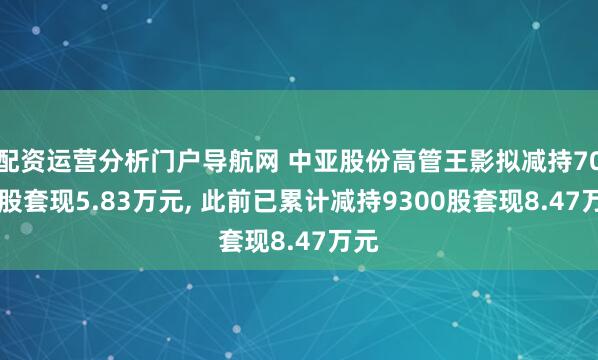 配资运营分析门户导航网 中亚股份高管王影拟减持7050股套现5.83万元, 此前已累计减持9300股套现8.47万元